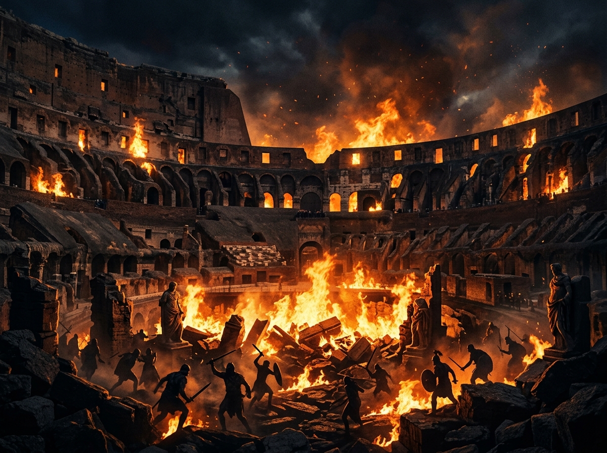 Action movie poster art depicting mystical orange flames and ancient heavy stone coliseum ruins.