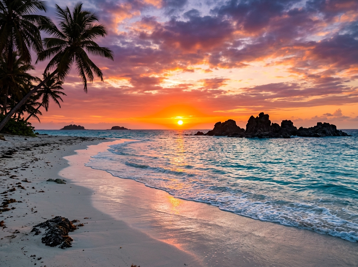 Action movie poster background showcasing a vibrant sunset on an open sea Caribbean beach shore.