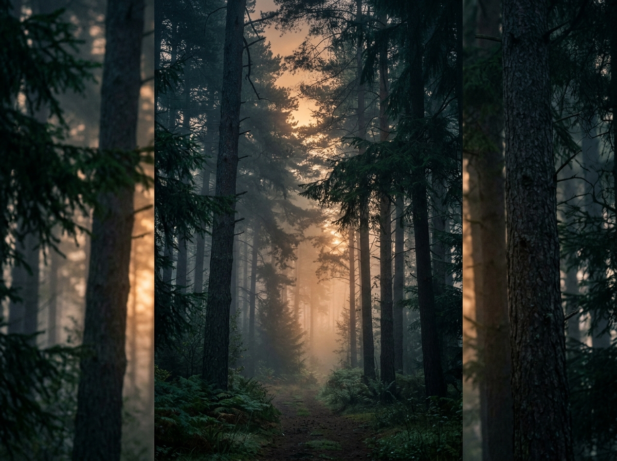 Action movie poster environment depicting misty historic deep green pine woods during sunrise.