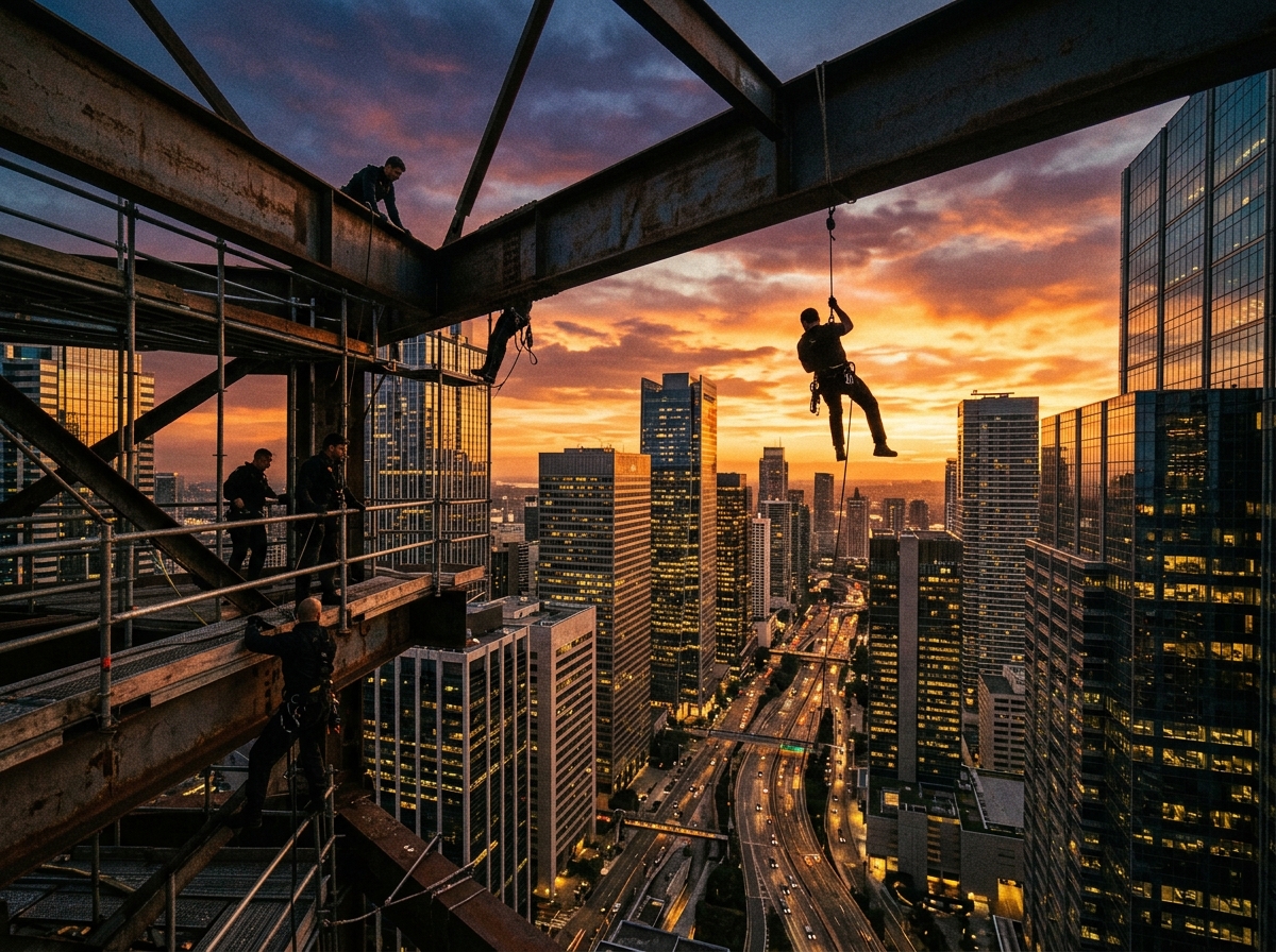 Action movie poster perspective showcasing massive steel girders overlooking a towering cityscape lit by glowing sunset light.