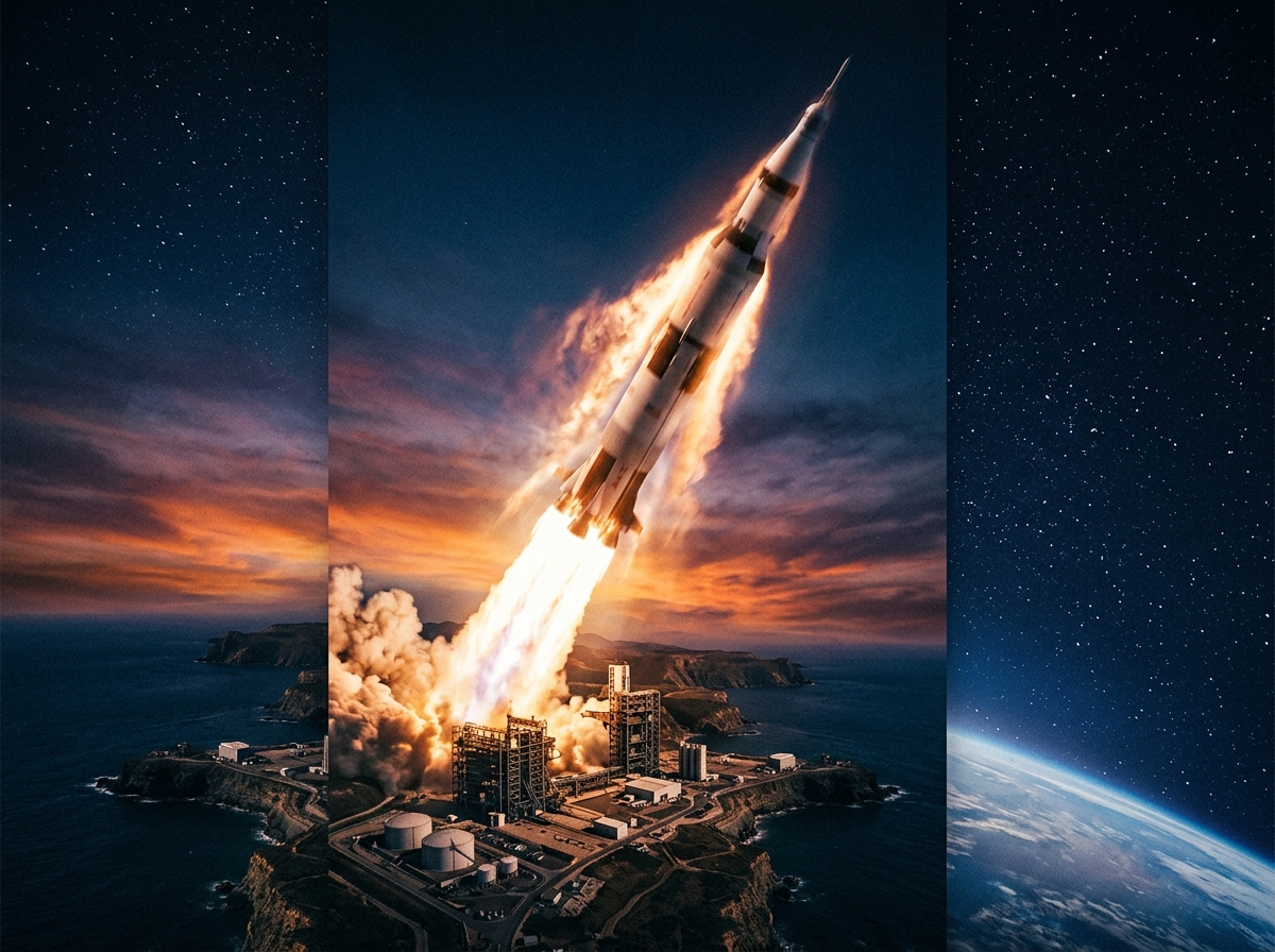 Action movie poster representation showing deep space rocket launch atmospheric burn with dynamic orange exhaust trail.