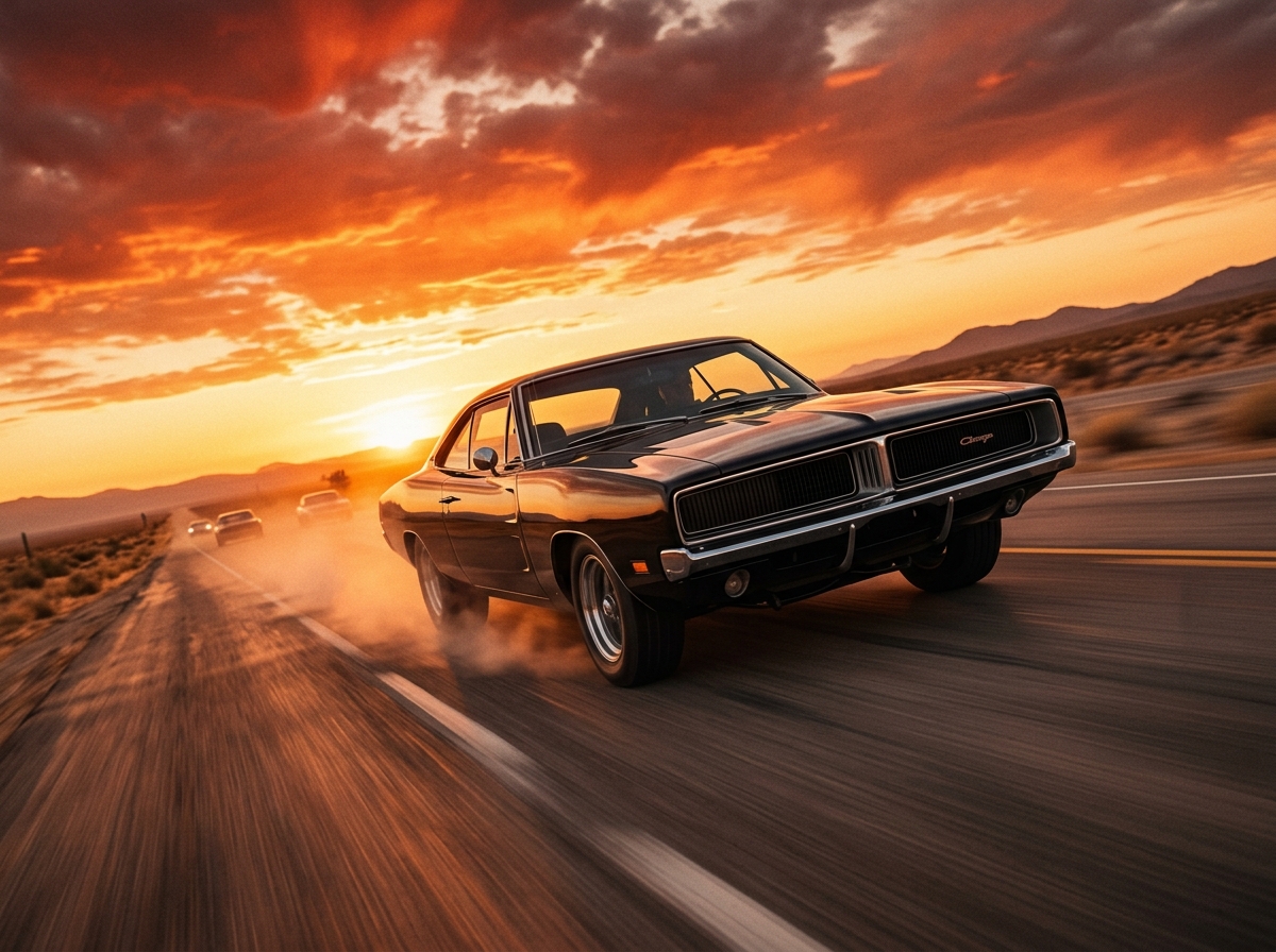 Action movie poster scene featuring a classic black muscle car speeding on a highway at golden hour sunset.