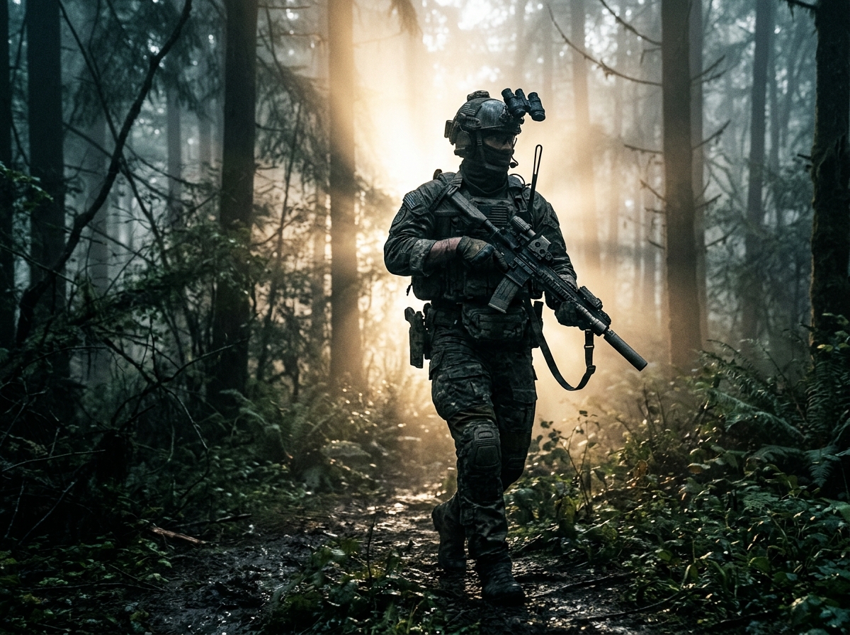 Action movie poster scene featuring a heavy tactical soldier in a dense misty forest under intense backlight.