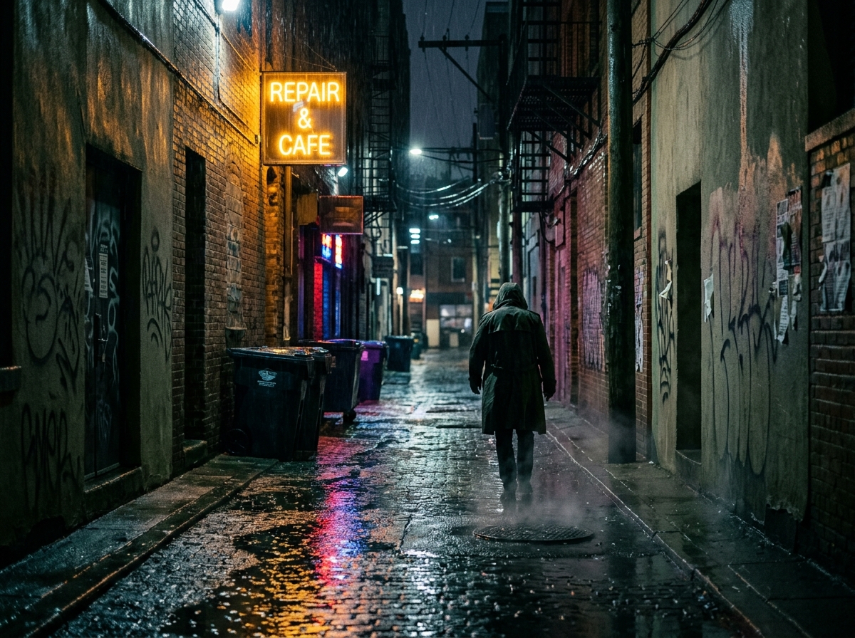 Action movie poster scene showing a dark gritty neon street alley with rain puddles reflecting intense yellow light.