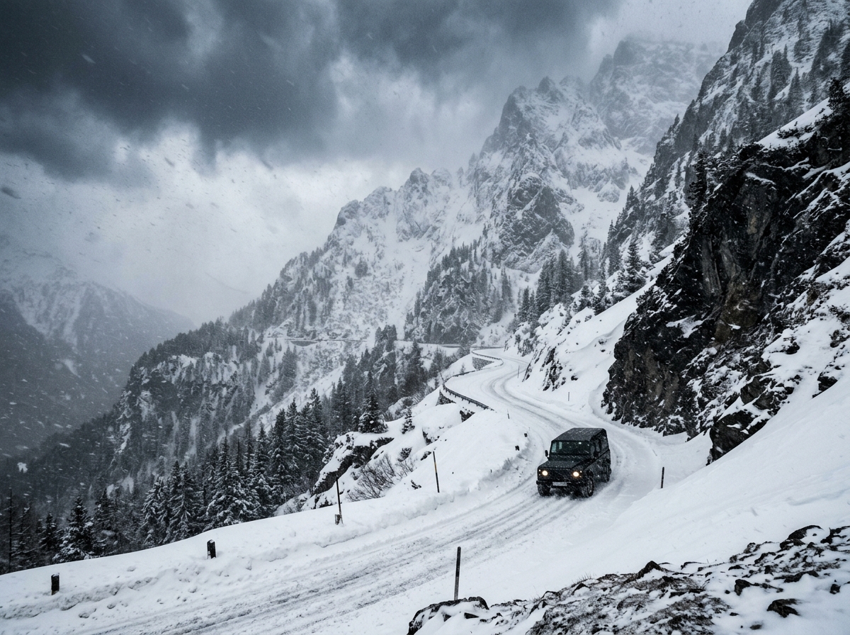 Action movie poster setting showcasing a snowy high mountain road blanketed in a dense blizzard.