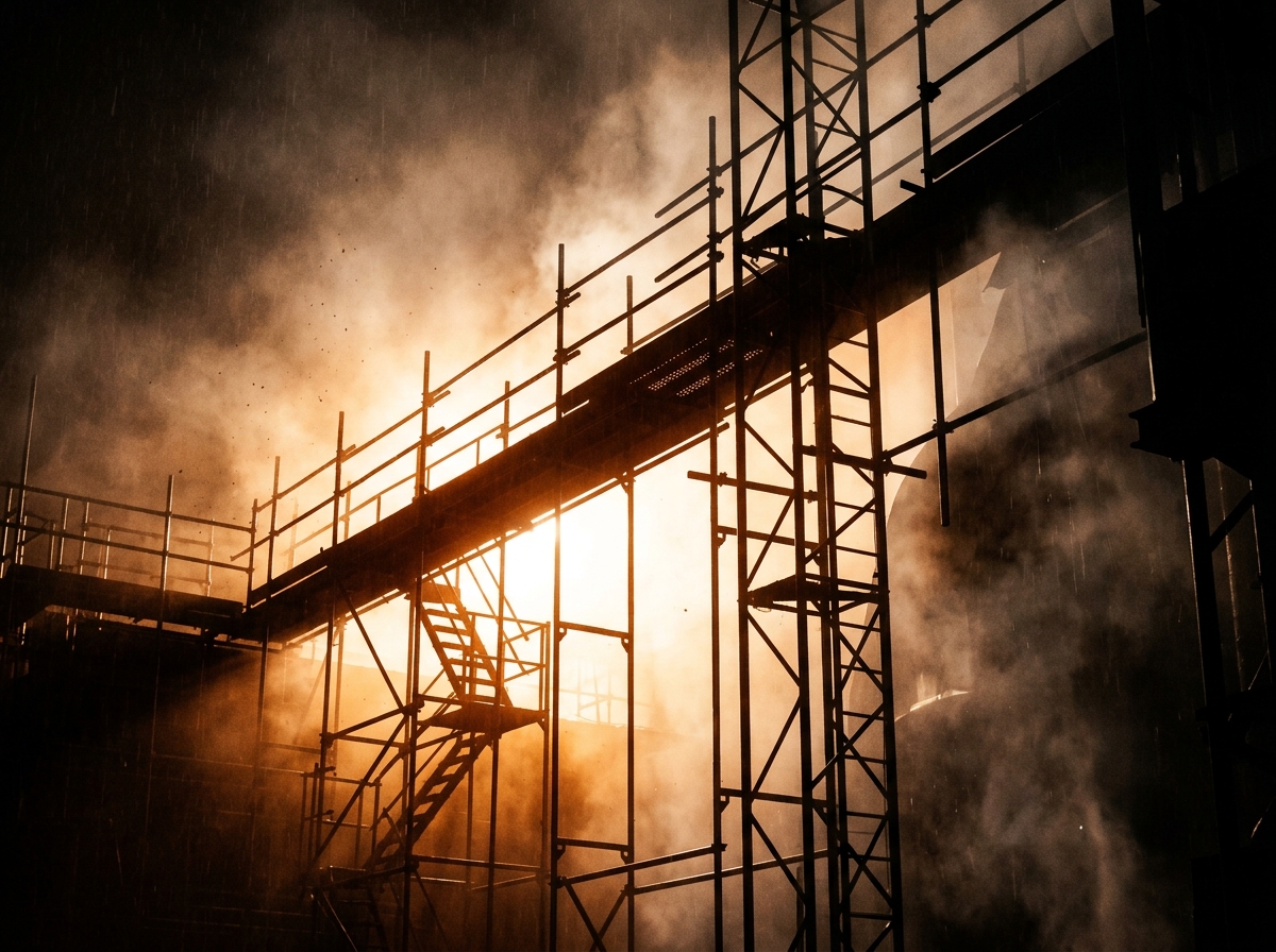 Action movie poster style image with sharp orange industrial scaffolding silhouettes against heavy atmospheric backlighting.